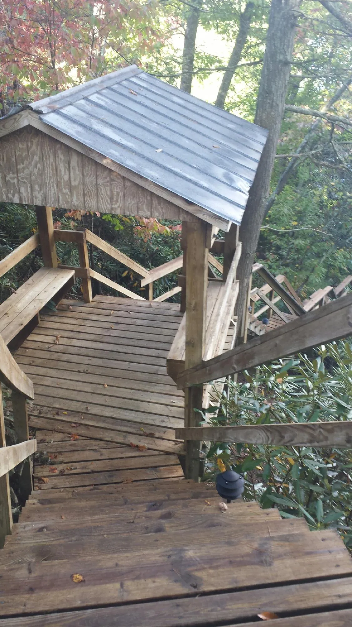 Metal roofed shelter over wooden steps on a wooded walkway — Skylight Repair & Installation work by our crew in Saint Peter